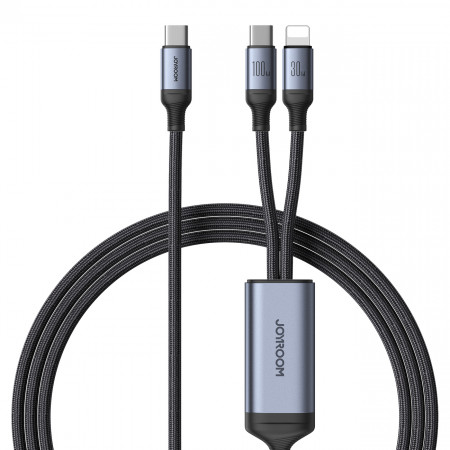Кабел за зареждане и данни с оплетка JOYROOM Speedy SA21-1T2 USB Type C към USB Type C / Lightning 100W 1.5m черен