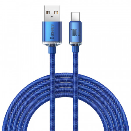 Кабел за зареждане и данни BASEUS Crystal Shine USB Type A към USB Type C с бързо зареждане 100W 2m син (CAJY000503)