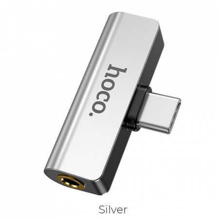 Конектор Hoco мини жак 3.5mm HF аудио + USB Type C зареждане към USB Type C (LS26) сребърен