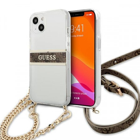 Оригинален гръб GUESS 4G Brown Strap Gold Chain GUHCP13SKC4GBGO - iPhone 13 mini прозрачен / кафяв