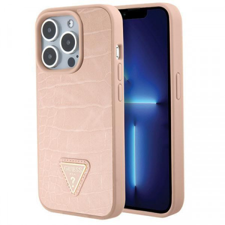 Оригинален гръб GUESS Croco Triangle Metal Logo - iPhone 15 Pro розов
