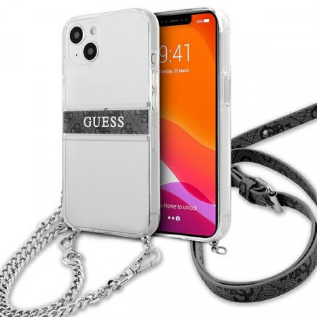 Оригинален гръб GUESS Gray Strap Silver Chain GUHCP13SKC4GBSI - iPhone 13 mini прозрачен / сив