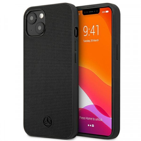 Оригинален твърд гръб с естествена кожа MERCEDES Metal Logo MEHCP13MMBLBK - iPhone 13 черен