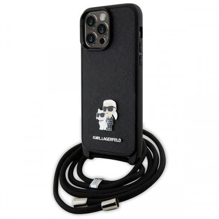 Оригинален твърд гръб с презрамка KARL LAGERFELD Saffiano Metal Pin Karl & Choupette KLHCP14XSAKCPSK case - iPhone 14 Pro Max черен Crossbody Saffiano Metal Pin Karl & Choupette