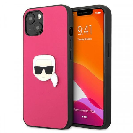 Оригинален твърд гръб KARL LAGERFELD Leather Ikonik Karl's Head Metal KLHCP13SPKMP - iPhone 13 mini розов