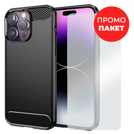 ПРОМО ПАКЕТ Силиконов гръб Carbon + плосък стъклен протектор - iPhone 14 Pro