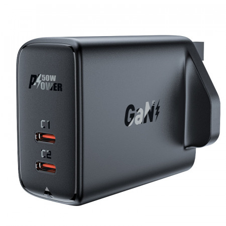 Acefast GaN зарядно (UK plug) 2x USB Type C 50W, Power Delivery, PPS, Q3 3.0, AFC, FCP черен (A32 UK)