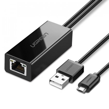 Външен мрежов адаптер за Chromecast UGREEN Micro USB / USB Type A към RJ45 100Mbps 1m (30985) черен