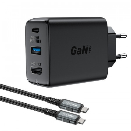 Зарядно за стена ACEFAST 2в1 GaN 60W USB Type A / USB Type C / HDMI 4K @ 60Hz + кабел USB Type C към USB Type C (A17) черно