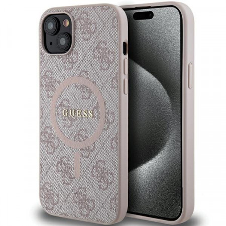 Оригинален гръб GUESS 4G Collection Leather Metal Logo MagSafe - iPhone 15 Plus / 14 Plus розов