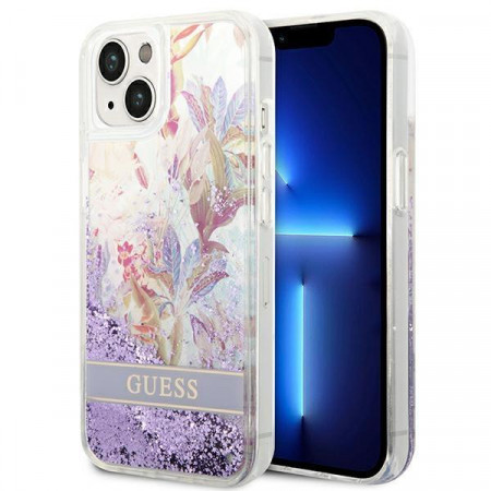 Оригинален гръб GUESS Flower Liquid Glitter GUHCP14MLFLSU - iPhone 14 Plus лилав