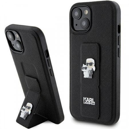 Оригинален гръб KARL LAGERFELD Gripstand Saffiano Karl & Choupette Pins - iPhone 15 черен