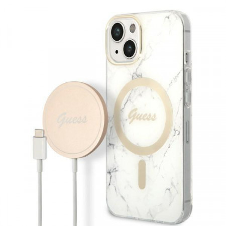 Оригинален комплект GUESS Marble (гръб + зарядно) MagSafe GUBPP14MHMEACSH - iPhone 14 Plus бял