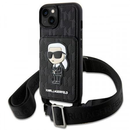 Оригинален твърд гръб с презрамка KARL LAGERFELD Saffiano Monogram Ikonik KLHCP14SCSAKHPKK - iPhone 14 черен