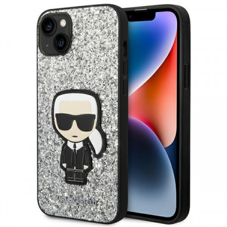 Оригинален твърд гръб KARL LAGERFELD Glitter Flakes Ikonik KLHCP14SGFKPG - iPhone 14 сребрист