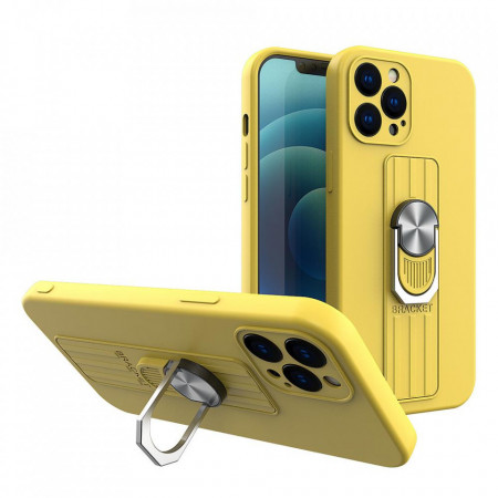 Силиконов гръб с държач-стойка Ring - iPhone 13 mini жълт