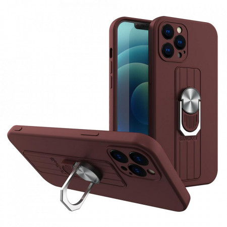 Силиконов гръб с държач-стойка Ring - iPhone 13 mini кафяв