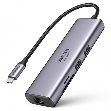 Докинг станция UGREEN 7в1 USB Type C към 2x USB Type A 3.2 Gen.1 / HDMI 4K 60Hz / четец за SD и Micro SD карти / USB Type C Power Delivery 100W / RJ45 1000Mbps (1Gbps) (60515 CM512) сива