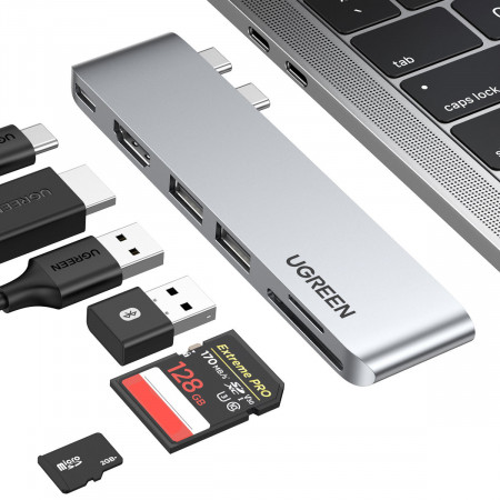Докинг станция UGREEN CM380 2x USB Type C към HDMI / 2x USB Type A 3.0 / четец за SD и Micro SD карти / USB Type C Power Delivery сива