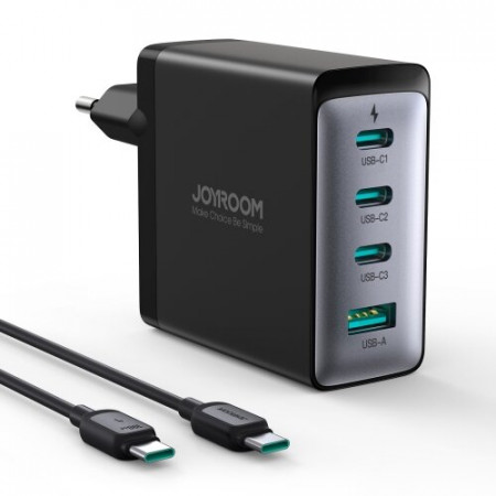 Зарядно за стена JOYROOM JR-TCG04EU GaN 100W USB Type A / 3x USB Type C + кабел USB Type C към USB Type C 100W черно