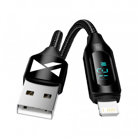 Кабел за зареждане и данни с дисплей и оплетка WOZINSKY USB Type A към Lightning WUALC2 2.4A 2m черен