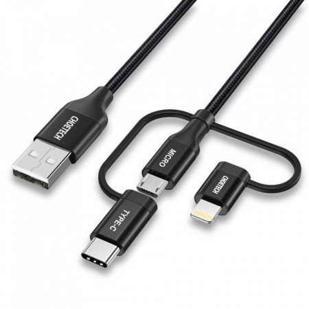 Кабел за зареждане и данни с оплетка CHOETECH 3в1 с никелирани конектори MFi USB Type A към Lightning / USB Type C / Micro USB черен