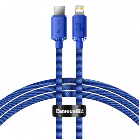 Кабел за зареждане и данни BASEUS Crystal Shine USB Type C към Lightning с бързо зареждане 20W 1.2m син (CAJY000203)