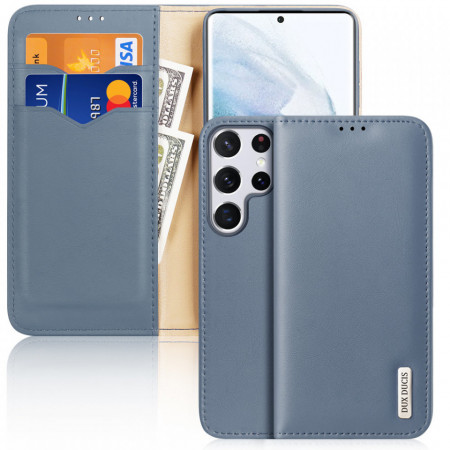 Калъф тип книга от естествена кожа DUX DUCIS Hivo със система против кражба - Samsung Galaxy S22 Ultra син