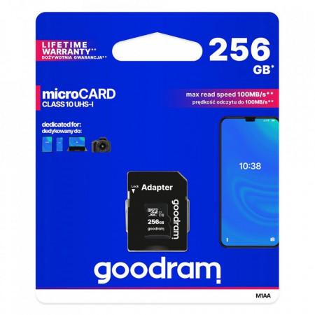 Карта памет GOODRAM 256GB micro SD XC UHS-I class 10 с SD адаптер (M1AA-2560R12) черна