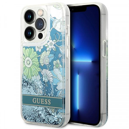 Оригинален твърд гръб GUESS Flower Liquid Glitter GUHCP14LLFLSN - iPhone 14 Pro зелен