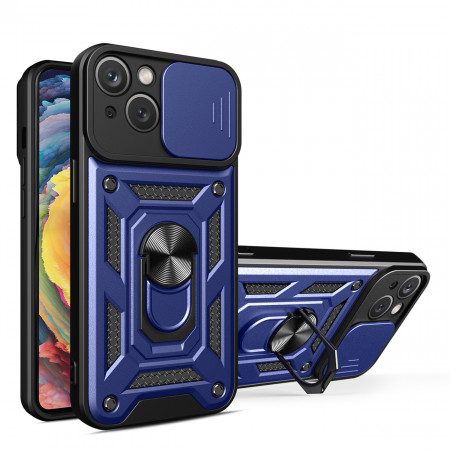 Подсилен гръб Hybrid Armor Camshield с подвижно покритие за камерата и стойка - iPhone 14 Plus син