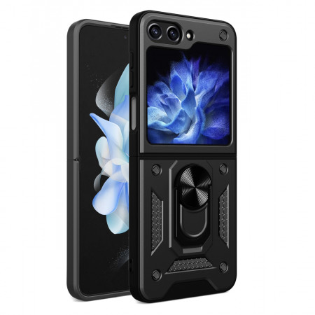 Подсилен калъф Hybrid Armor Camshield с подвижно покритие за камерата и стойка - Z Flip5 черен