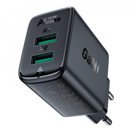 ACEFAST зарядно 2x USB 18W QC 3.0, AFC, FCP черен (A33 черен)