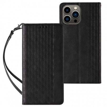 Magnet Strap case for iPhone 14 Pro Max Flip Wallet Mini Lanyard Stand черен