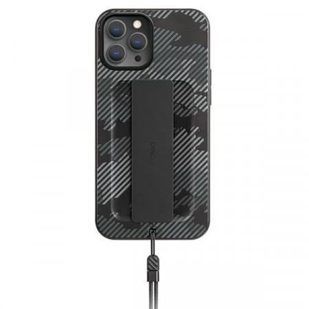 Гръб с лентов държач и каишка UNIQ Heldro с антимикробно покритие - iPhone 12 Pro Max черен въглен