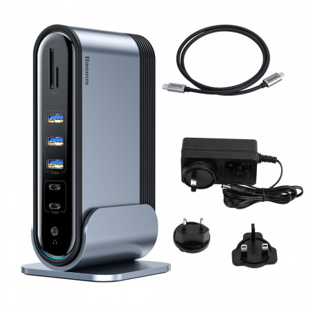 Докинг станция BASEUS 3x USB Type A 3.2 Gen.1 / 2x USB Type A 2.0 / 2x USB Type C / четец за SD и Micro SD карти / мини жак 3.5mm / 3x HDMI / RJ45 1Gbps / USB Tyype C Power Delivery 100W (EU / CN / UK стандарт) (CAHUB-DG0G) сива