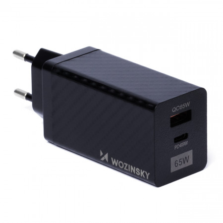 Зарядно за стена WOZINSKY GaN 65W USB Type A / USB Type C PD QC3.0 (WWCG01) черно