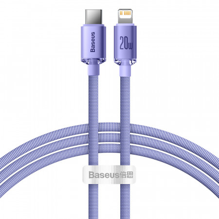 Кабел за зареждане и данни BASEUS Crystal Shine USB Type C към Lightning с бързо зареждане 20W 1.2m лилав (CAJY000205)
