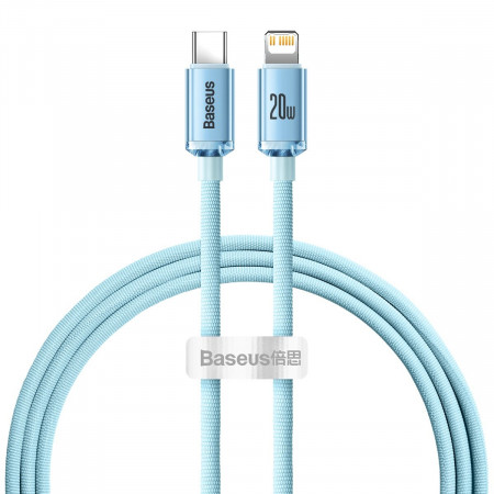Кабел за зареждане и данни BASEUS Crystal Shine USB Type C към Lightning с бързо зареждане 20W 1.2m син (CAJY001303)