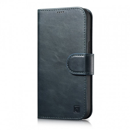 Калъф тип книга от естествена кожа iCARER Oil Wax Wallet 2в1 против кражба - iPhone 14 Pro Max син