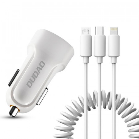 Комплект зарядни за кола DUDAO 2.4A 2x USB Type A + кабел 3в1 Lightning / USB Type C / Micro USB (R7) бяло