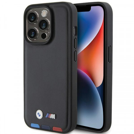Оригинален гръб от естествена кожа BMW Leather Stamp Tricolor BMHCP15L22PTDK - iPhone 15 Pro черен