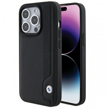 Оригинален гръб BMW Leather Blue Dots - iPhone 15 Pro черен