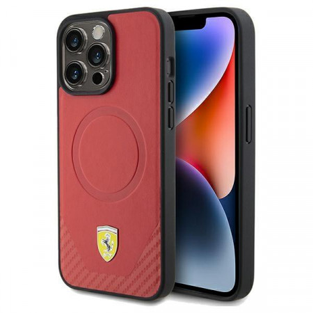 Оригинален гръб FERRARI Carbon Metal Logo MagSafe - iPhone 15 Pro червен