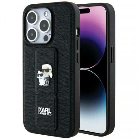 Оригинален гръб KARL LAGERFELD Gripstand Saffiano Karl & Choupette Pins - iPhone 13 Pro черен