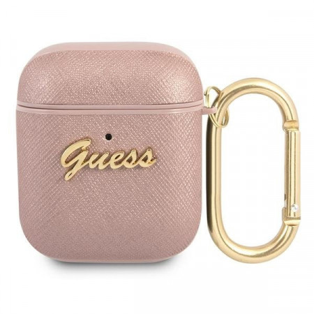Оригинален калъф за слушалки GUESS Saffiano Script Metal GUA2SASMP - AirPods 1 / 2 розов