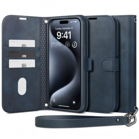 Оригинален калъф тип книга с каишка SPIGEN Wallet S - iPhone 15 Pro тъмносин