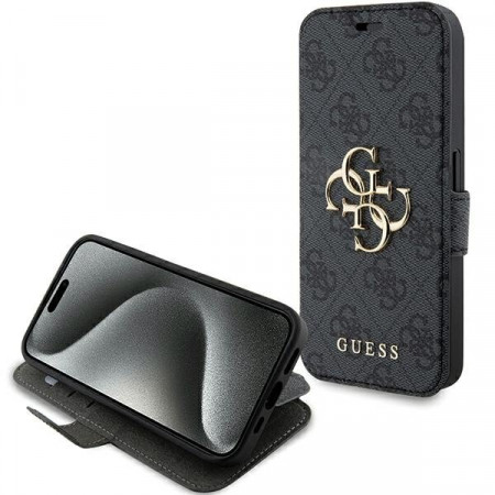 Оригинален калъф тип книга GUESS 4G Metal Logo - iPhone 15 Pro сив