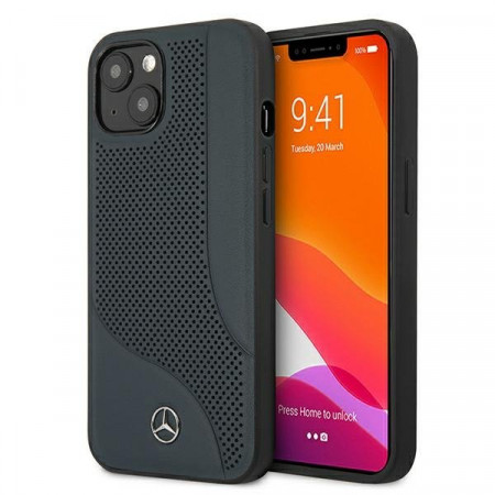 Оригинален твърд гръб с естествена кожа MERCEDES Leather Perforated Area MEHCP13SCDONA - iPhone 13 mini тъмносин