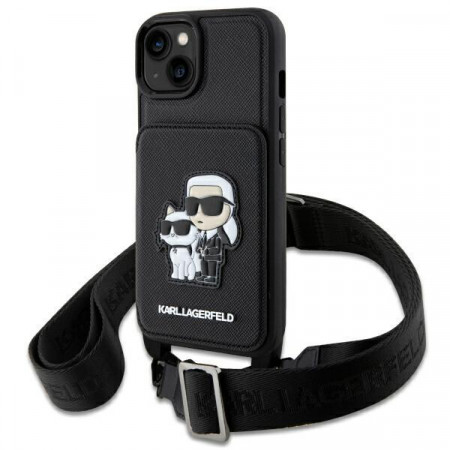 Оригинален твърд гръб с презрамка KARL LAGERFELD Saffiano Karl & Choupette KLHCP14MCSAKCPMK - iPhone 14 Plus черен